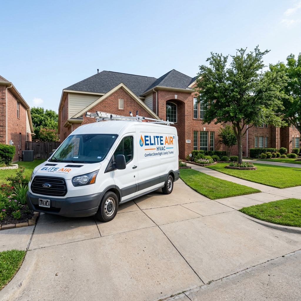 Elite Air HVAC service van parked on driveway in Houston Texas
